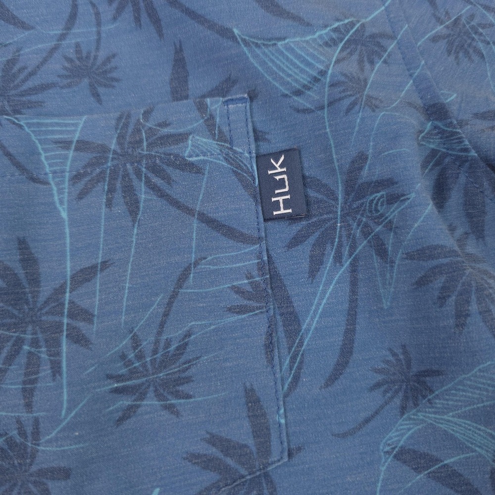 Huk Shirt Mens Small Blue Fish Palm Tree Short Sleeve Button Up Fishing Stretch - Picture 3 of 10